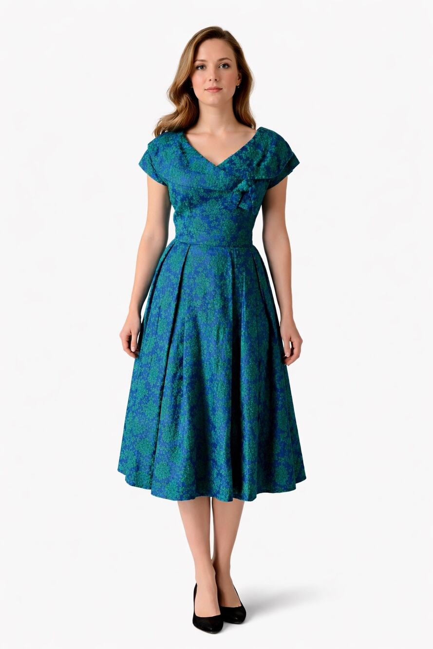 1950s R&K Originals Blue Green Brocade Dress XXS Velvet Floral
